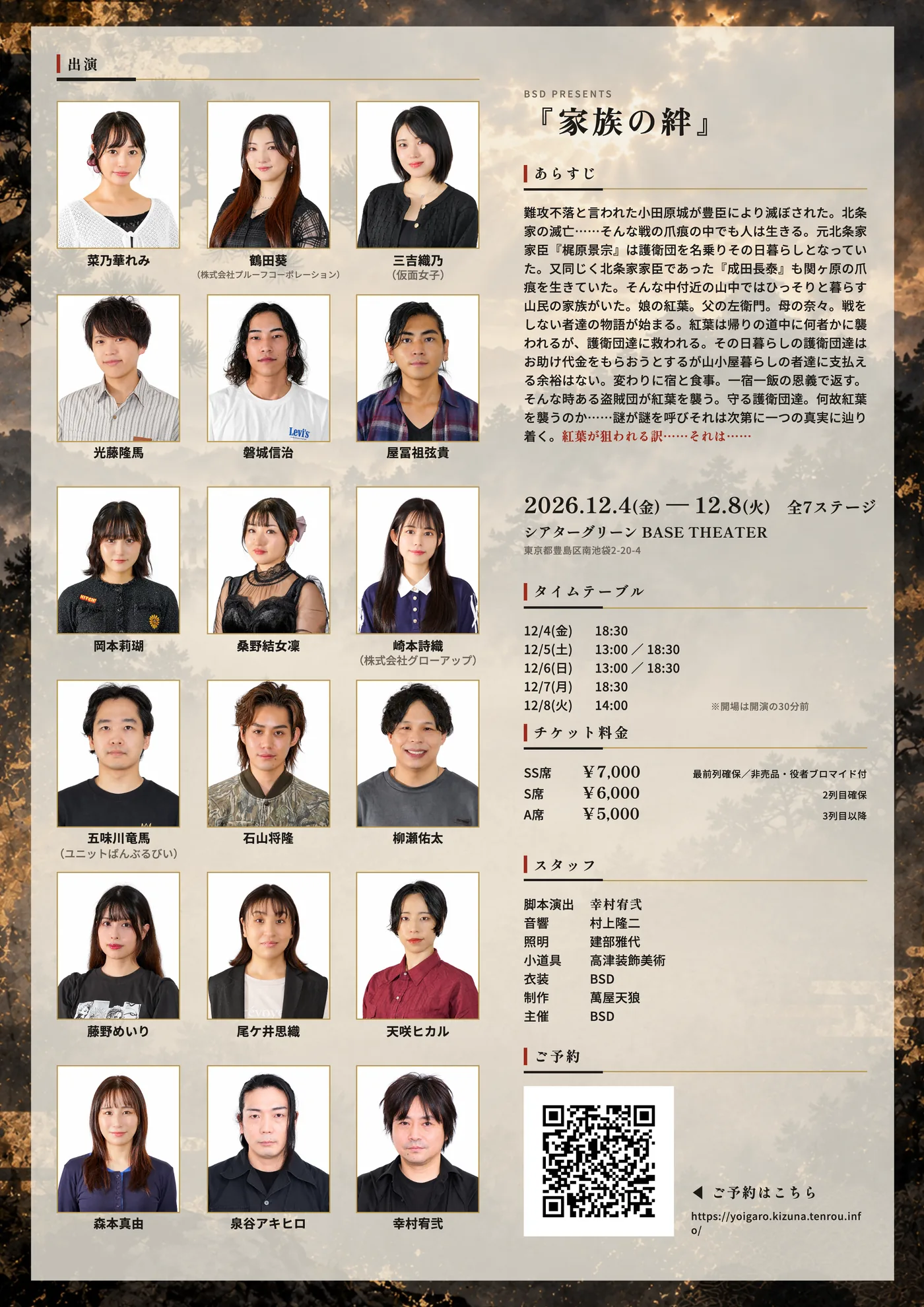 「家族の絆」フライヤー裏面(出演者・あらすじ・タイムテーブル・チケット料金・スタッフ)